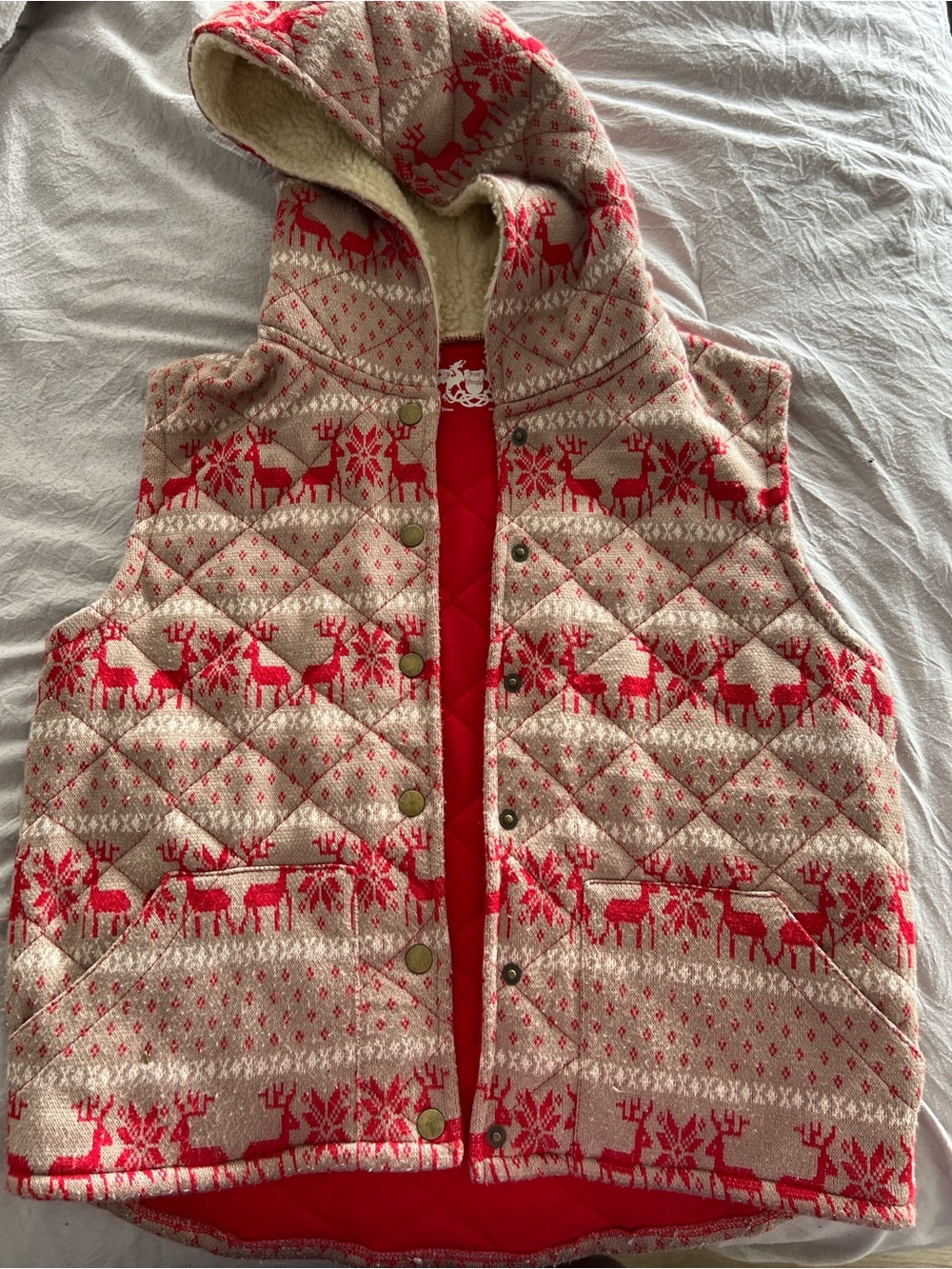 FREE PEOPLE Women Fair Isle Reindeer Hooded Quilted Red Beige Vest S